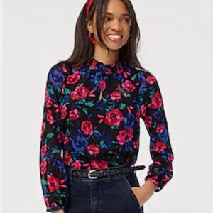 J Crew Smocked Neck Keyhole Floral Blouse Top Size S